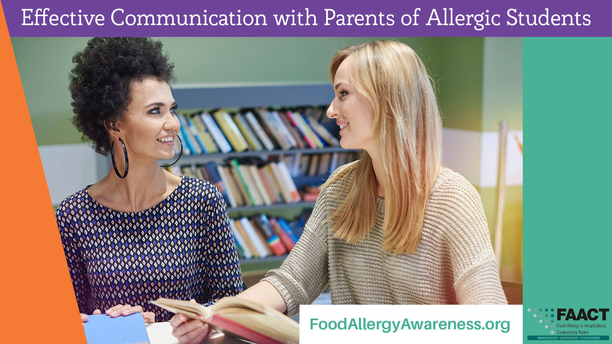 Two women smile at each other text reads Effective communication with parents of allergic students